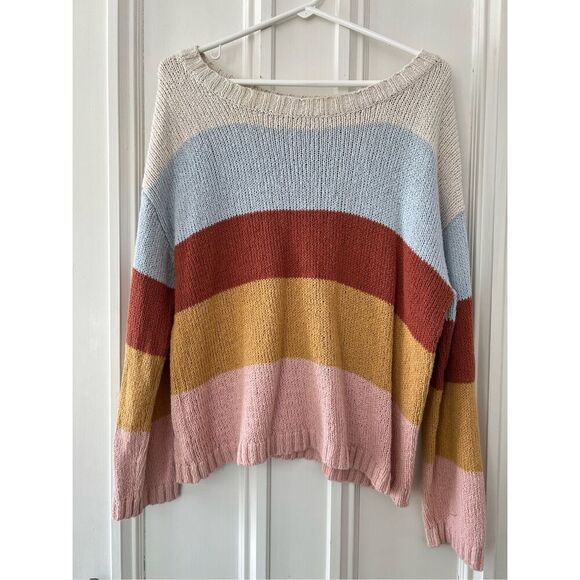 Billabong Sweaters - Billabong cream, light blue, brick mustard and pink striped sweater S